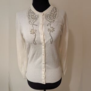 Vintage 1960s Womens 100% Orlon Hi-Bulk DuPont Acrylic Sweater Cardigan Beaded
